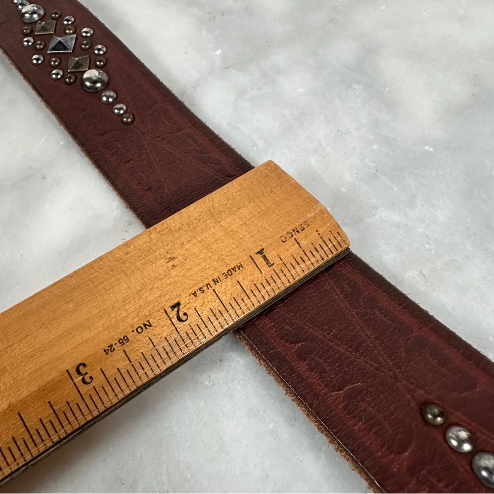 Brown Leather Studded Belt‎ boho bohemian silver biker western southwest